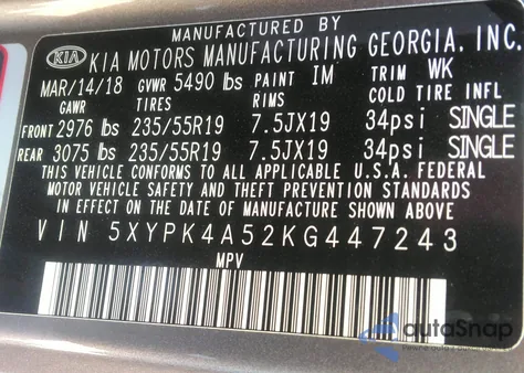 2019 Kia Sorento 3.3L Sxl z USA, uszkodzony, nr VIN 5XYPK4A52KG447243